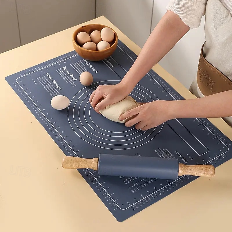 Food Grade Silicone Kneading Mat Non-Stick Dough Pad Pizza Baking Sheet Thicken Dough Pastry Pad Wooden Handle Rolling Pin 60X40 2025 - $41.99 –P5