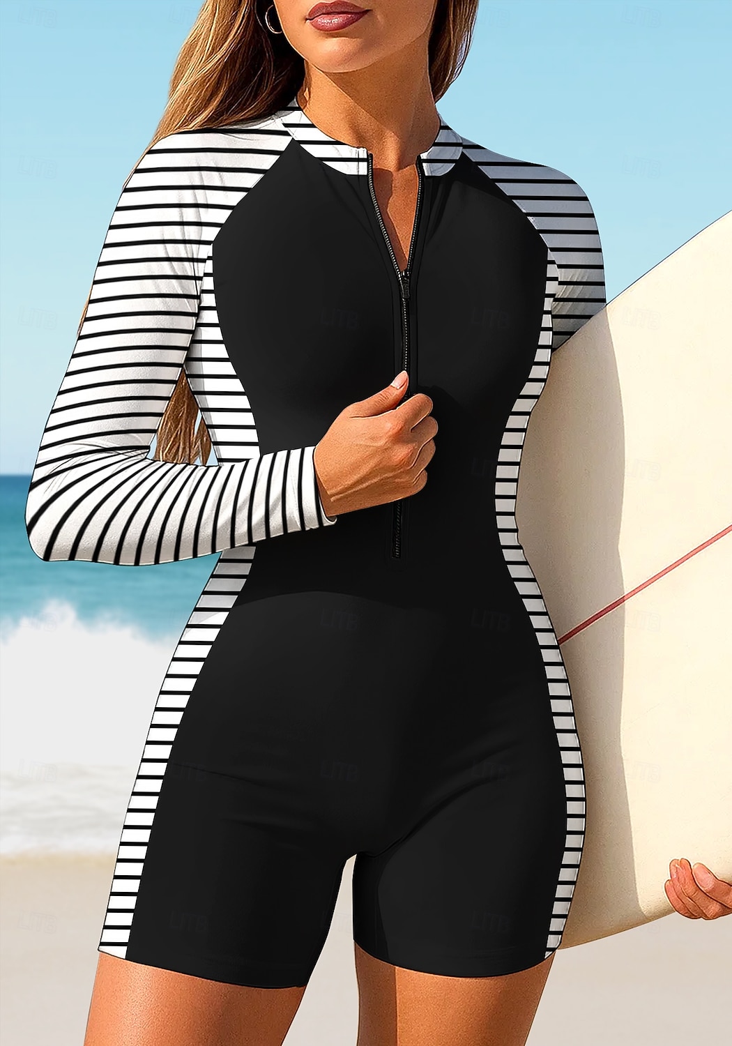 Mulheres Anti Atrito Maiô de surfe de uma peça Roupa de banho Geométrica Riscas Bloqueio de cores Zip Up Com sutiã embutido Bojo Removível Proteção Solar UV UPF50+ Ultra Leve (UL) Manga Longa Roupa de 2026 por $35.99 –P1