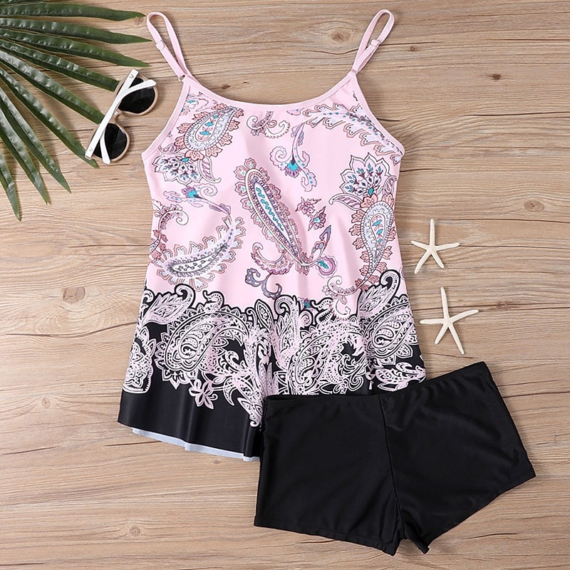 2026年 女性用 スイムウェア 2ピース ショーツ 水着 バックレス 旅行度假风 ビーチウェア フラワー グラフィック Ｕネック ノースリーブ 水着  コレクション – $28.99 –P7