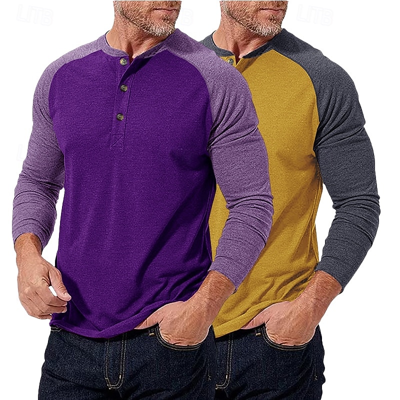 2-teiliges Henley-Shirt für Herren, Baseball-T-Shirt, Kurzarm, Farbblock-Design, Basic, Boho-Stil, Raglanärmel, für Outdoor, Freizeit, Alltag, Sommer, Herbst, alle Jahreszeiten, schwarzes 2026 - $40.99 –P10