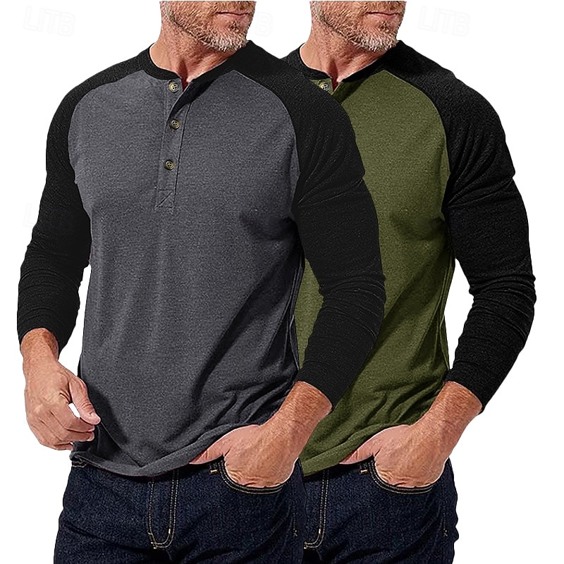 2-teiliges Henley-Shirt für Herren, Baseball-T-Shirt, Kurzarm, Farbblock-Design, Basic, Boho-Stil, Raglanärmel, für Outdoor, Freizeit, Alltag, Sommer, Herbst, alle Jahreszeiten, schwarzes 2026 - $40.99 –P2