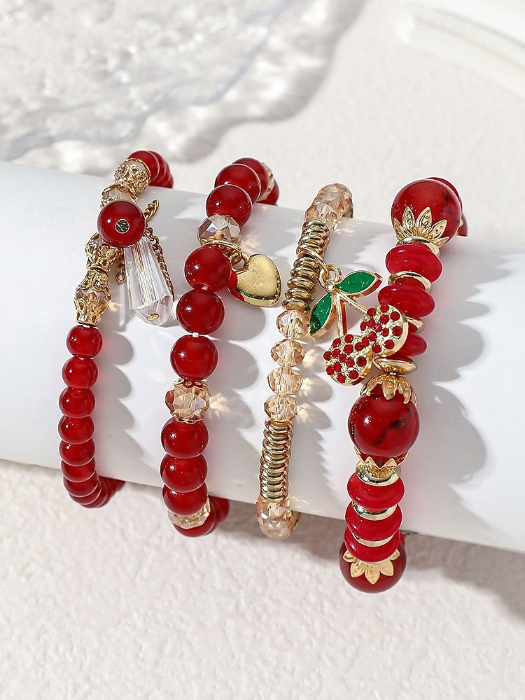 Женский рождественский браслет из бусин с вишневой тематикой, красный и золотой, идеальный подарок на праздник 2026 - $9.99 –P6