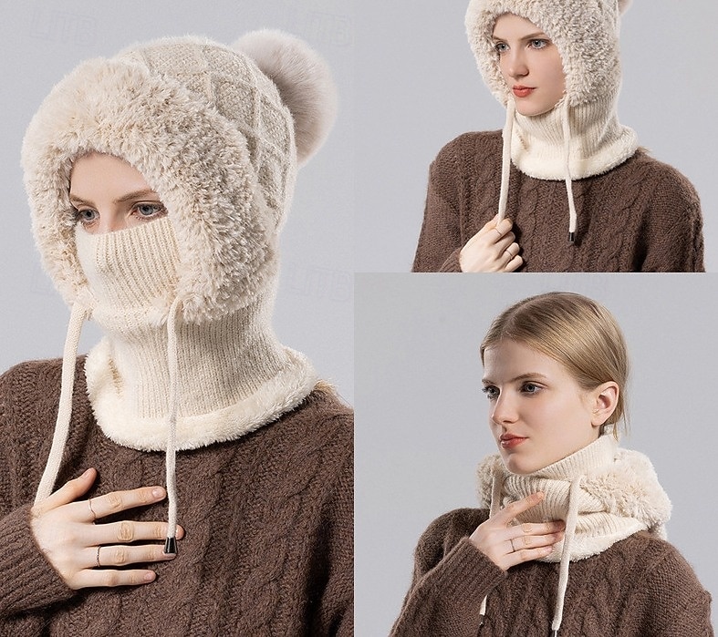 Зимняя вязаная шапка-бини 3-в-1 с флисовой подкладкой для женщин со встроенной маской для лица и утеплителем для шеи, теплая и уютная шапка для холодной погоды на открытом воздухе 2026 - $17.99 –P1