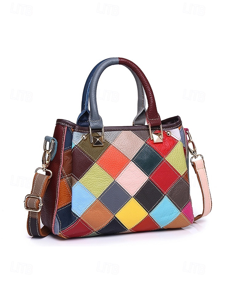 borsa da donna in pelle, design patchwork multicolore, materiale in vera pelle, versatile con manici superiori e tracolla regolabile, elegante e funzionale per l'uso quotidiano e le occasioni speciali del 2026 a $59.99 –P6