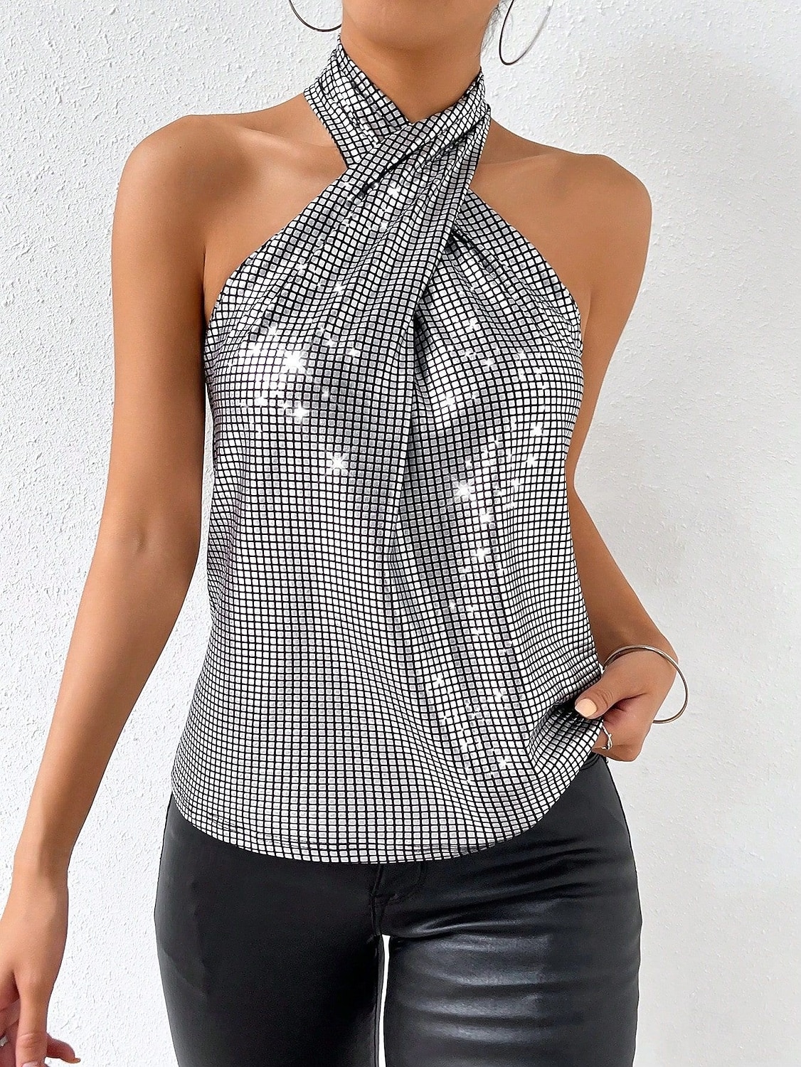 Femmes Débardeur caraco Paillettes Couleur Unie Élégant Occasionnel Sans manches Col Halter Hauts Réguliers Quotidien Fête Argent Été Printemps de 2026 ? $21.99 –P5