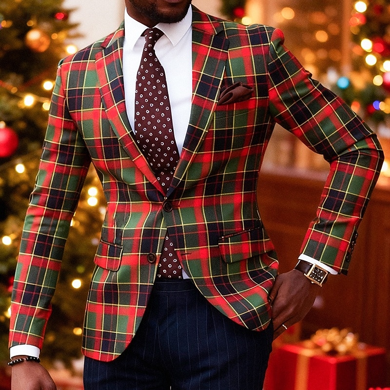 Pánské Blejzr Vánoční sako Vánoce Obchod Koktejlový večírek Módní Na běžné nošení Jaro Podzim Polyester Pléd Kapsy Knoflíky Pohodlné Jednořadé Blejzr Tmavě červená Rubínově červená 2025 - $58.99 –P1