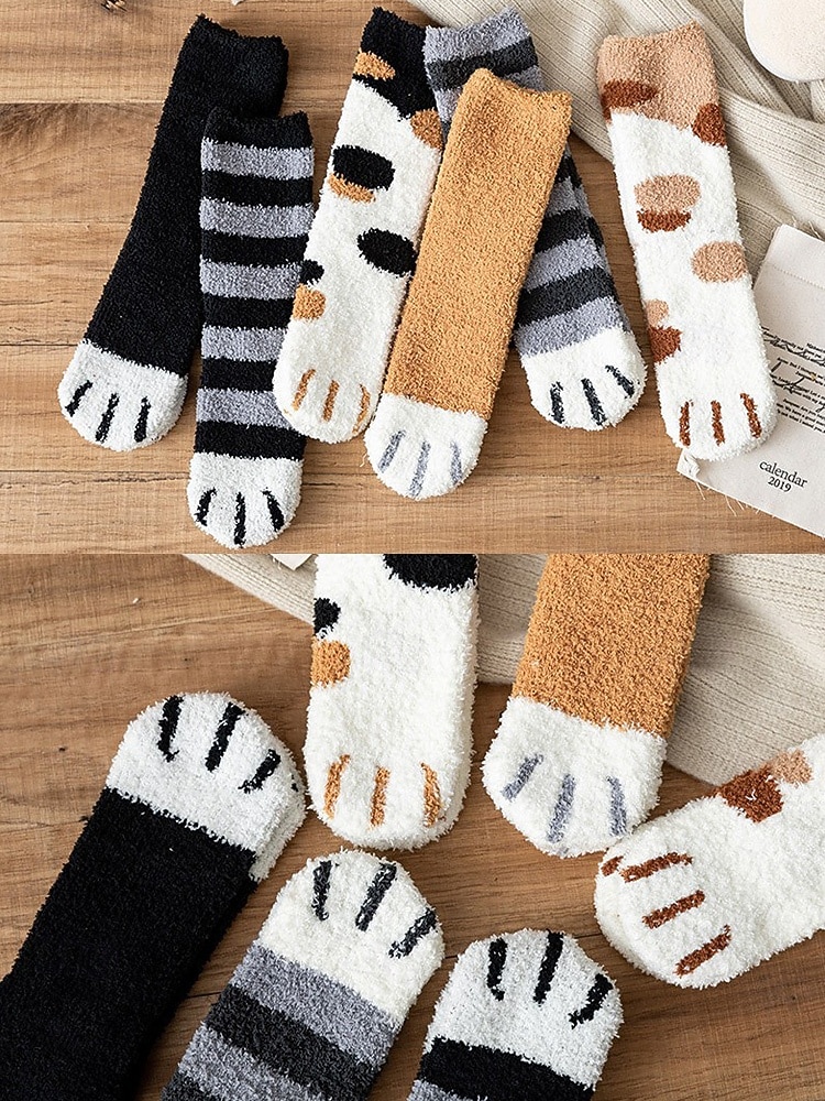 2026年 レディースコットンブレンドソックス、猫の足跡プリントデザインの6足セット、複数の色、柔らかくて快適な毎日の着用に最適  コレクション – $11.99 –P8