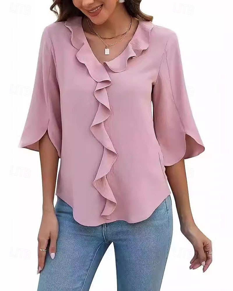 Women's Blouse Ruffle Plain Elegant Stylish Long Sleeve V Neck Regular Tops Holiday Going out Black Pink Navy Blue Sky Blue Summer Spring Fall 2026 - $16.49 –P3