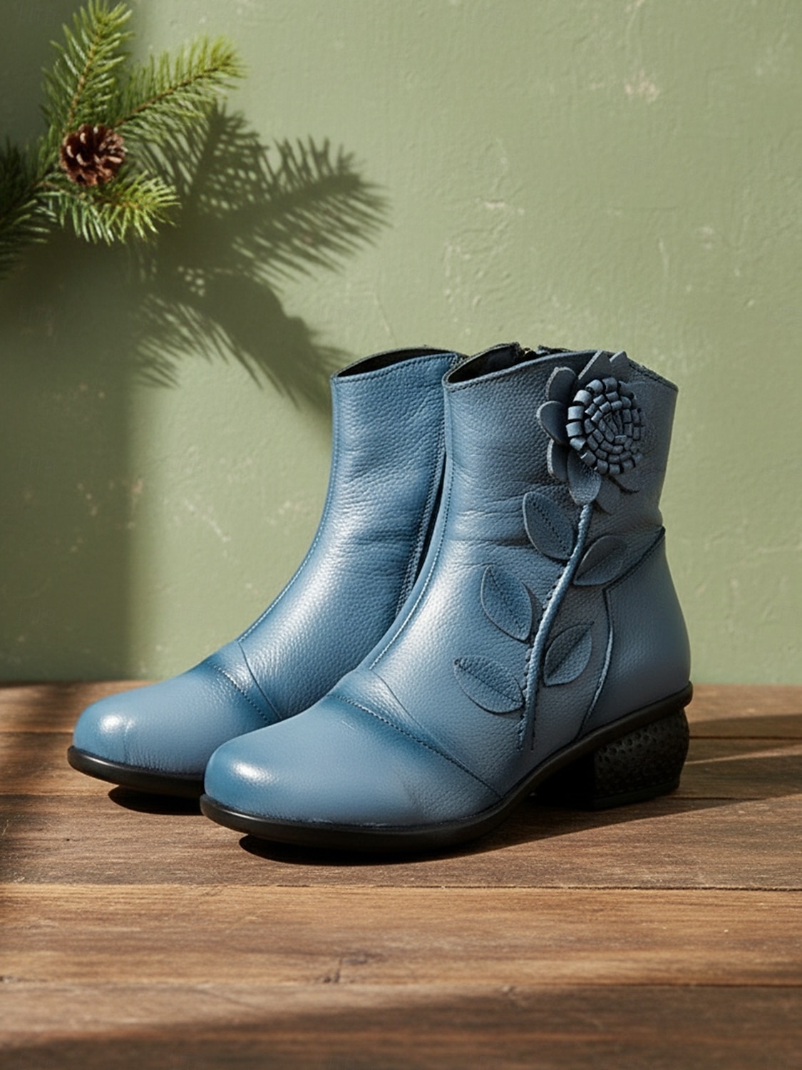 حذاء نسائي من الجلد الأحمر بكعب متوسط وتطريز زهور - حذاء قصير كلاسيكي بكعب متوسط للملابس الكاجوال والأنيقة 2026 - $64.99 –P4