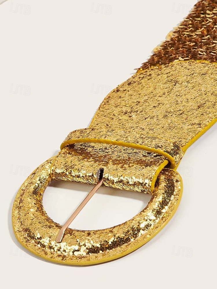 Cinto feminino elástico em couro sintético com lantejoulas douradas brilhantes, perfeito para festas de Natal e outras ocasiões especiais. de 2026 por $14.99 –P6