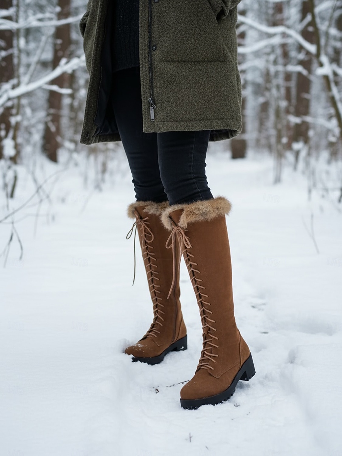 Women's Brown Lace-Up Fur Lined Boots - Knee-High Winter Boots with Warm Faux Fur Collar for Outdoor Snow and Holiday Wear 2026 - $64.99 –P2