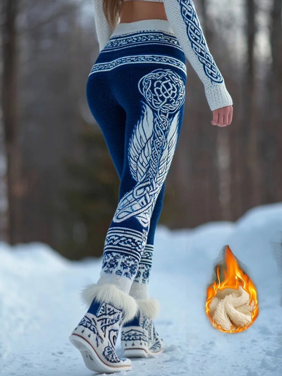 Legíny Viking Boho s fleecovou podšívkou pro ženy dovolená vintage etnický styl plná délka střední pas grafika abstraktní elastické venkovní zima modré podzim zima 2026 - $35.99 –P1