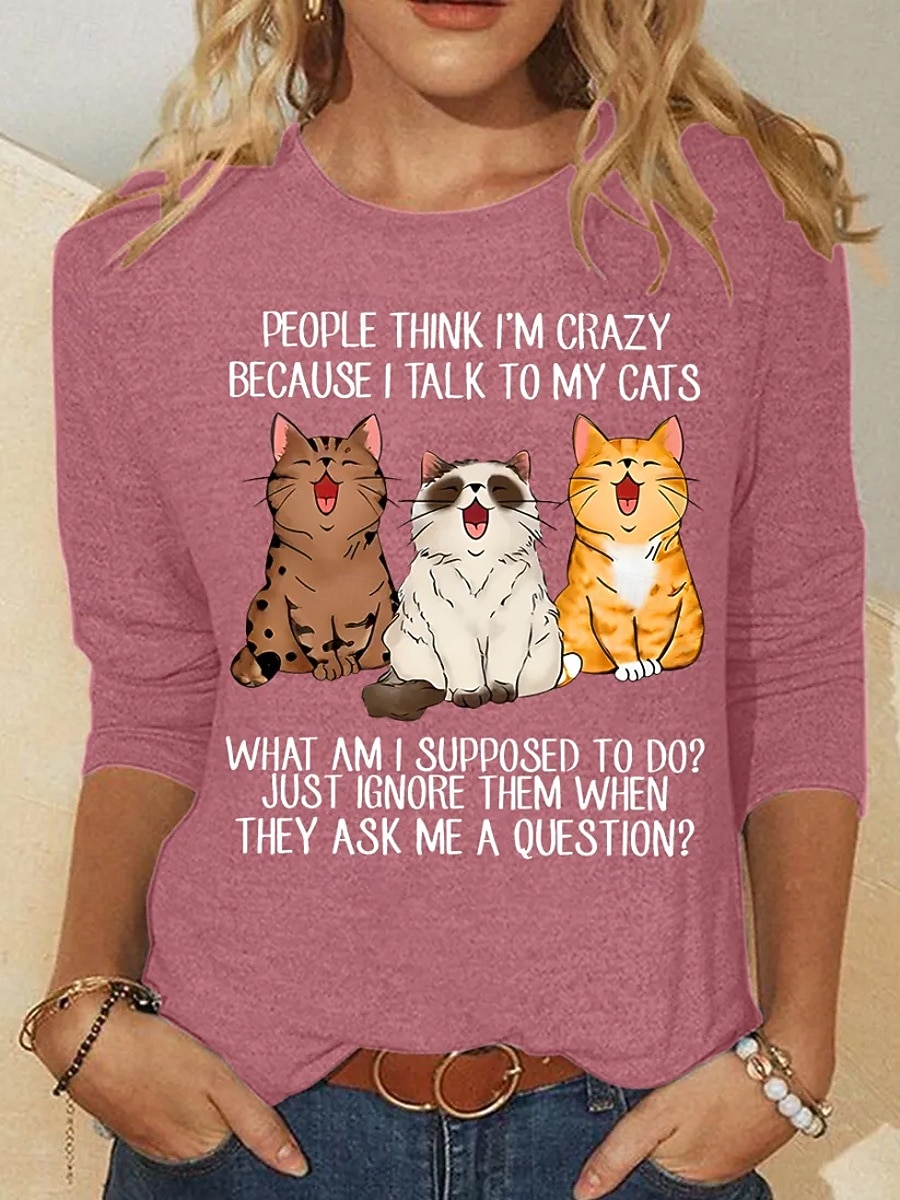 Dame T skjorte Trykt mønster Grafisk Dyr Katt Mote Fritid Kortermet Langermet Crew-hals Rund hals Vanlige topper Daglig Helg Svart Hvit Rosa Grønn Kakifarget Sommer Vår Høst 2026 - $24.99 –P4