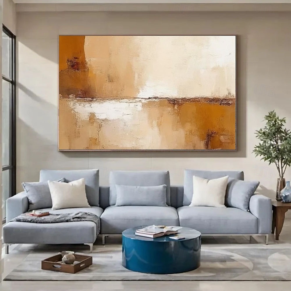 Grande peinture abstraite acrylique faite à la main, représentant un paysage de coucher de soleil, dans un style long, beige et or rose, art mural abstrait horizontal, peinture à l'huile de 2025 ? $71.99 –P1