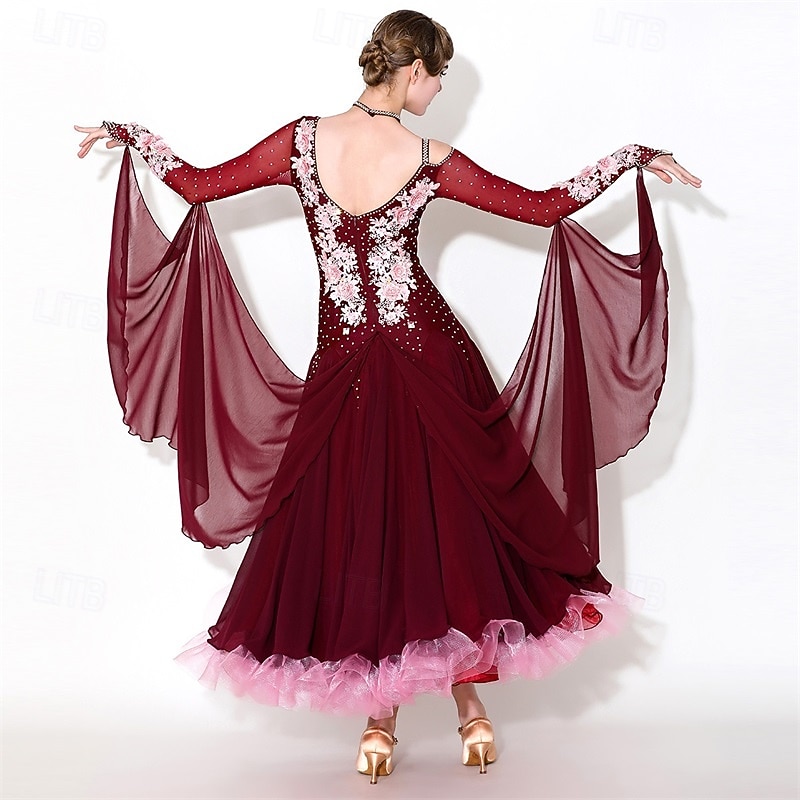 Women's Elegant Ballroom Dance Dress Rhinestone Floral Applique Waltz Tango Modern Rumba Competition Performance Gown Maroon 2026 - $434.59 –P2