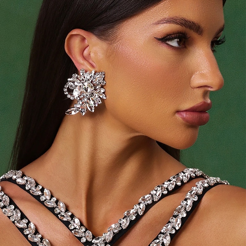 damski srebrny komplet naszyjnika i kolczyków z kryształkami - efektowna, masywna biżuteria z kryształkami na imprezy, wesela i wieczorne wydarzenia 2026 - $19.99 –P1