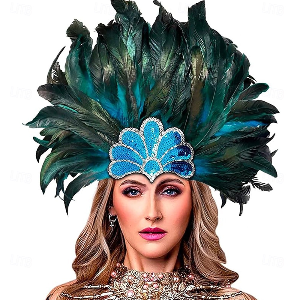 Carnaval 2026 Accesorios de Samba del Carnaval de Río Adorno de Plumas para Mujeres - Accesorio de Cabeza de Lentejuelas Azul y Verde Pavo Real - Disfraz de Festival de Brasil 2026 - $16.49 –P1