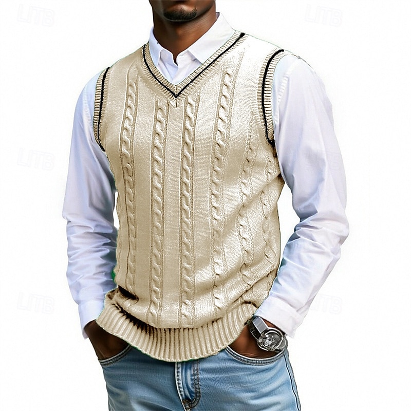 Муж. Свитер жилет Платье-свитер Пуловер Свитер Жилет Вязаный свитер Рельефный узор Вязать Обычные топы Трикотаж Пэчворк V-образный вырез Мода Уличный стиль Отпуск Бизнес Одежда Без рукавов Осень Зима 2026 - ₪103 –P4