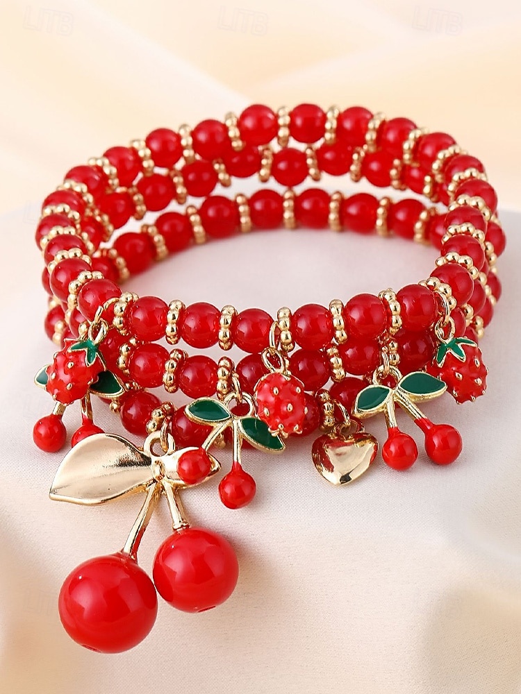 Женский рождественский браслет из бусин с вишневой тематикой, красный и золотой, идеальный подарок на праздник 2026 - $9.99 –P3