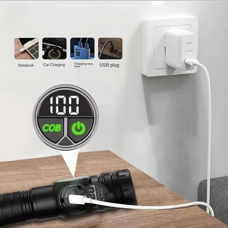 fehér lézeres zseblámpa USB töltéssel, teleszkópos zoommal, digitális kijelzővel, mágneses tapadókoronggal, szuper fényes LED zseblámpa. 2025 - $52.99 –P5