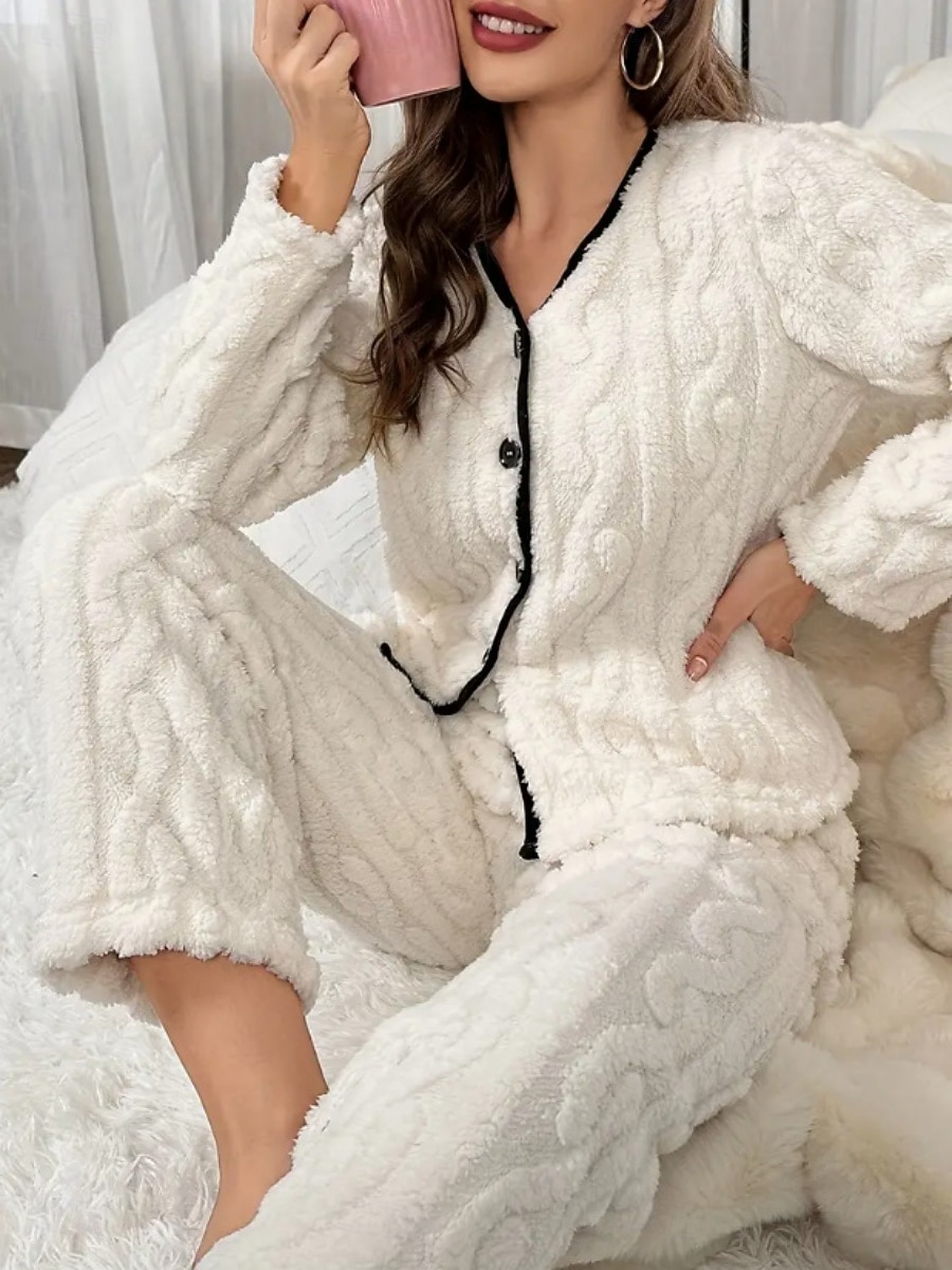 Γυναικεία Σετ Πυτζάμες Καθημερινό Ανατομικό Μονόχρωμες Ελαστική μέση Παντελόνι Σπίτι Καθημερινά Μακρυμάνικο Λαιμόκοψη V Λευκό Ανθισμένο Ροζ Άνοιξη Φθινόπωρο Χειμώνας Κανονικό 2026 - $31.99 –P1