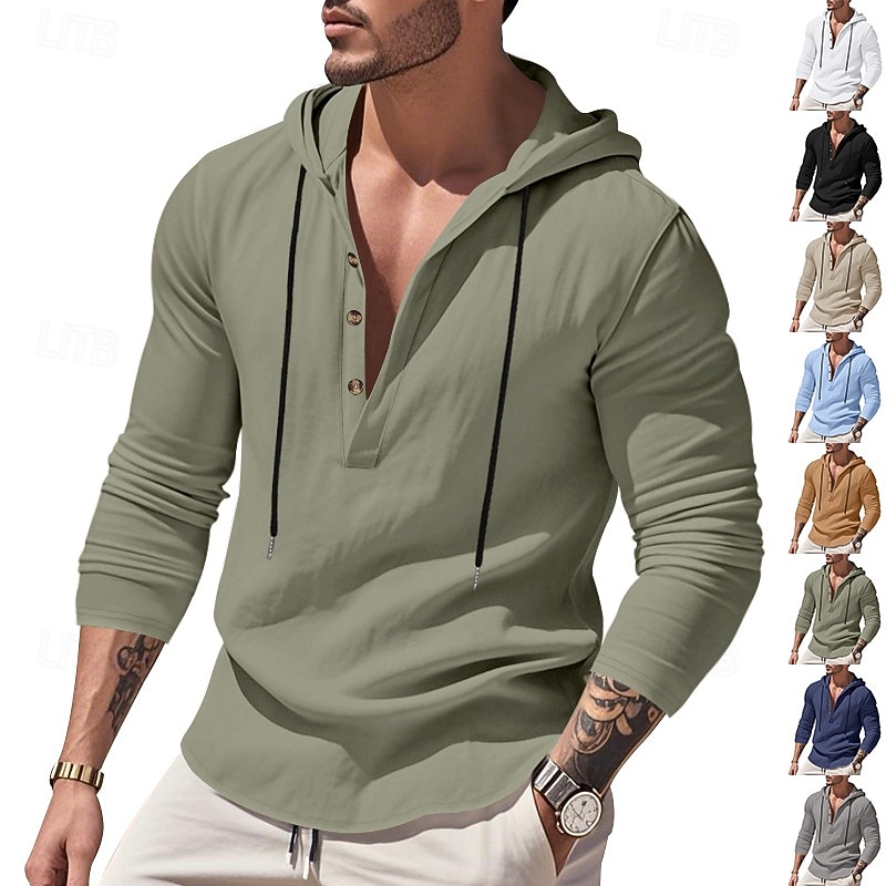 Men's Shirt Popover Shirt Summer Shirt Casual Shirt Beach Shirt Black White Yellow Navy Blue khaki Long Sleeve Solid Color Hooded Vacation Casual Drawstring Clothing Apparel Fashion Casual Comfortable 2026 - $28.99 –P1