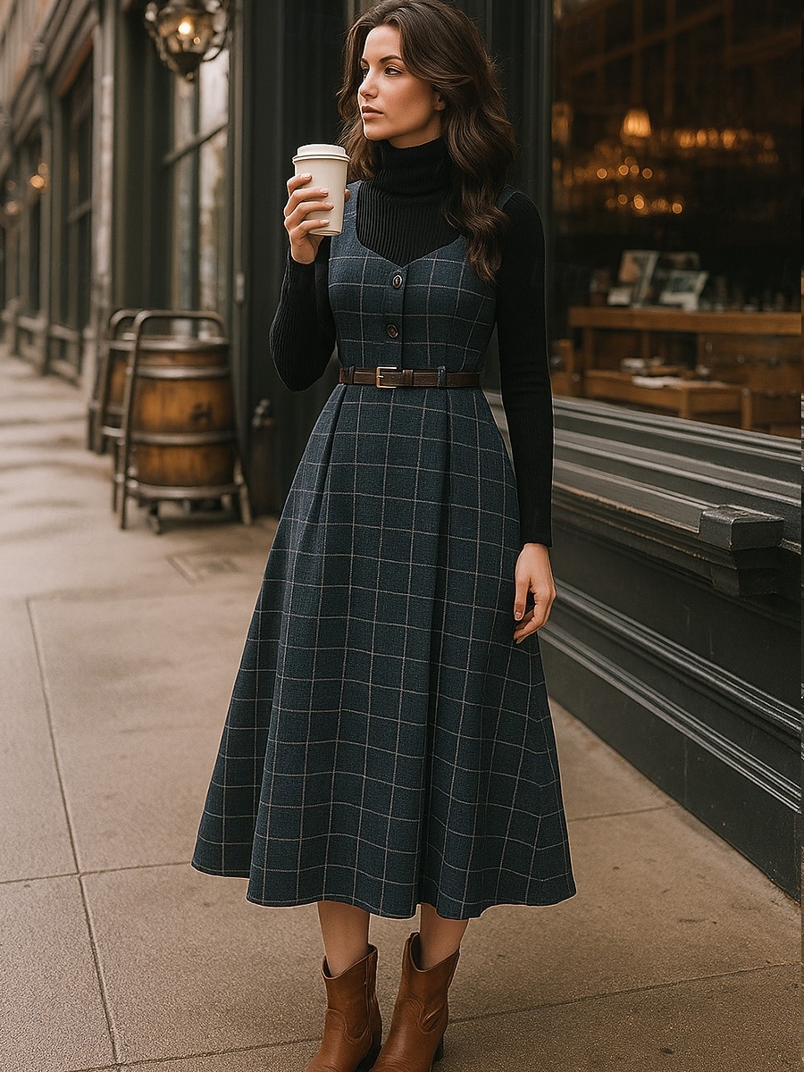Pentru femei Rochii Midi Rochie teacă Rochie A line Vacanță Casual Boho Zilnic Concediu Plisat Manșon Lung Guler Pe Gât Verde Intens Bleumarin Maro 2026 - $54.99 –P3