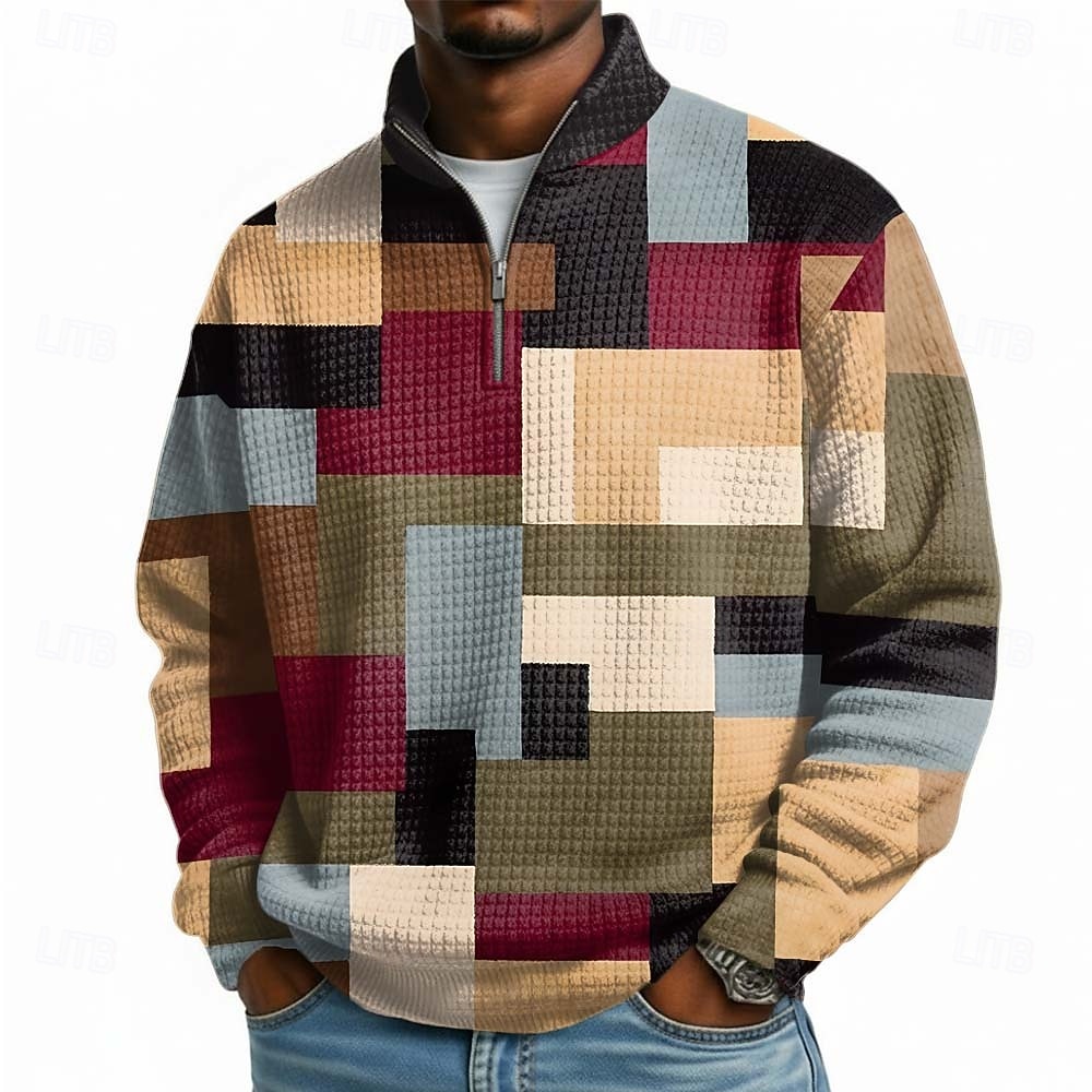 Per uomo Geometrico Plaid Nido d'ape Felpa Moda Quotidiano Classico Casual Collo alla coreana Zip a un quarto All'aperto Casa Ufficio Lavoro Blu Viola Verde Cachi Con zip Autunno Inverno progettista del 2026 a $28.99 –P1