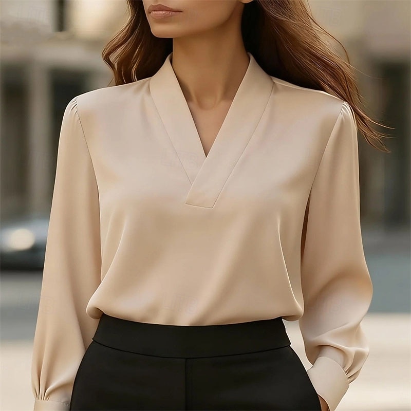 Damen Hemd Elegant Satin-Top Bluse Gerafft Patchwork Drapiert Einfach Elegant Vintage Niedlich Langarm V Ausschnitt Normale Oberteile Täglich Arbeit Ferien Schwarz Weiß Rosa Khaki Herbst Winter 2026 - $26.99 –P3