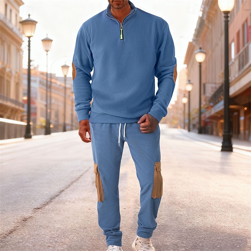 Homens Moletom Conjunto de roupas Colarinho Chinês Ao ar livre Diário Esportes Com Cordão Bolsos Half Zip Bloco de cor Preto Azul Céu cáqui Tosão Poliéster Roupas Esportivas Moda Roupa de rua Outono de 2026 por $66.99 –P12