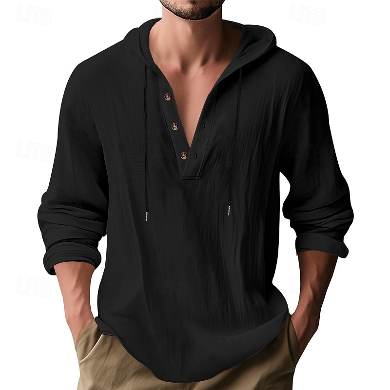 Men's Shirt Popover Shirt Summer Shirt Casual Shirt Beach Shirt Black White Yellow Navy Blue khaki Long Sleeve Solid Color Hooded Vacation Casual Drawstring Clothing Apparel Fashion Casual Comfortable 2026 - $28.99 –P27