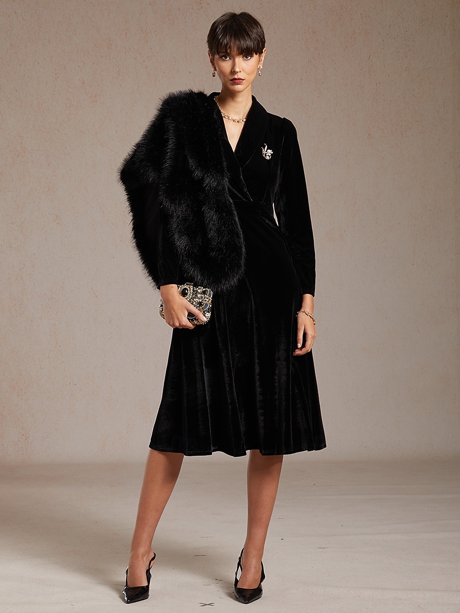 Femmes Robe Midi Robe trapèze Élégant Soirée Coupe régulière Couleur Unie manche longue Col en V Noir Printemps Automne Hiver de 2025 ? $129.99 –P5