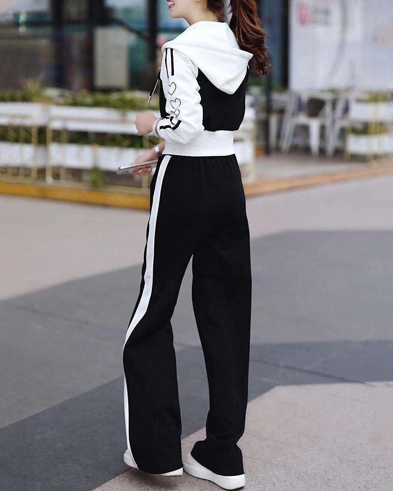 نسائي سويت شيرت بسحاب بنطلون واسع الساق بدلة رياضية من قطعتين رباط ألوان متناوبة أطقم ملابس رياضية الخريف أسود أبيض المشي لمسافات طويلة مهنة ركض كم طويل رياضة ألبسة رياضية مرن نسبياً عادي 2026 - $39.99 –P10