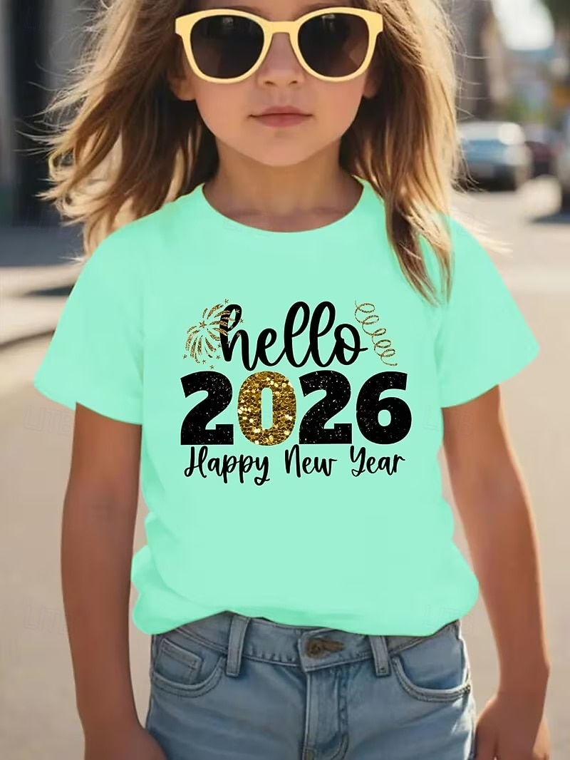 חולצת טריקו לבנות למסיבת ראש השנה 2026 עם גרפיקה תלת מימדית, אותיות, שרוולים קצרים, הדפס תלת מימד, קיץ, אביב, ספורט, אופנתי, אופנת רחוב, ילדים 4-12 שנים, צווארון עגול, חוץ, קז'ואל, יומי, גזרה רגילה 2026 - $11.99 –P11