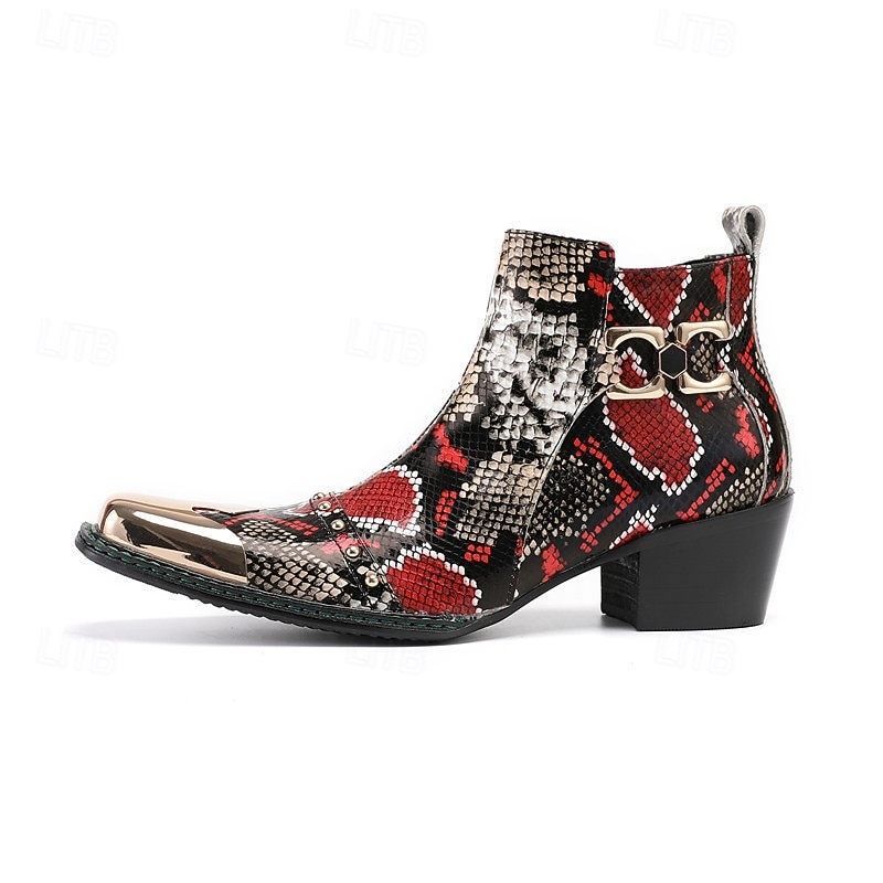 stivaletti da uomo con stampa serpente rossa e nera: pelle pregiata con dettagli dorati, scelta elegante per feste di Natale e occasioni festive del 2026 a $149.99 –P3