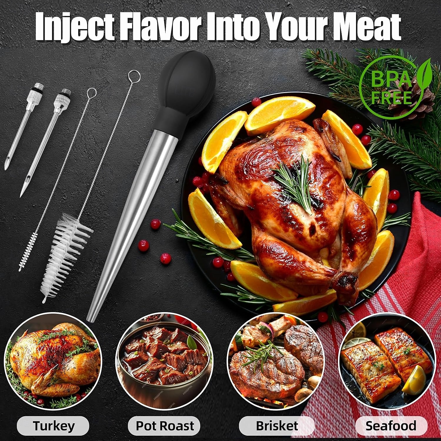 מחבת הודו מנירוסטה לבישול &מזרק מטבח - מזרק נוזלים חמים - מזרק בשר ומזון - גודל גדול עם 2 מחטים &2 מברשות ניקוי - כלי חיוני לחג ההודיה 2026 - $15.99 –P8