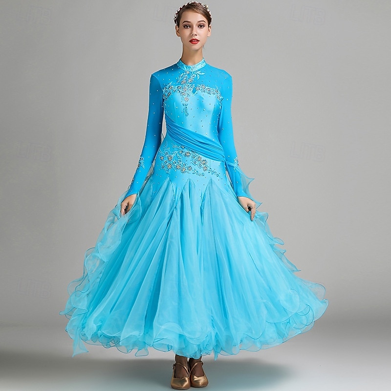 Женское элегантное платье для бальных танцев бирюзового цвета, украшенное стразами, с высоким воротником, для вальса, танго, румбы, современного танца, для выступлений на соревнованиях 2026 - $190.99 –P13