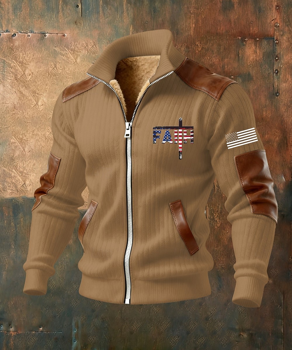 Homens Full Zip Hoodie Casaco de lã Moletom de lã Preto Branco Verde Tropa Azul Marinha Marron Colarinho Clerical Cruz Bandeira americana Fé Bolsos Detalhes em couro sintético Desportos e Ar livre de 2026 por $75.99 –P6