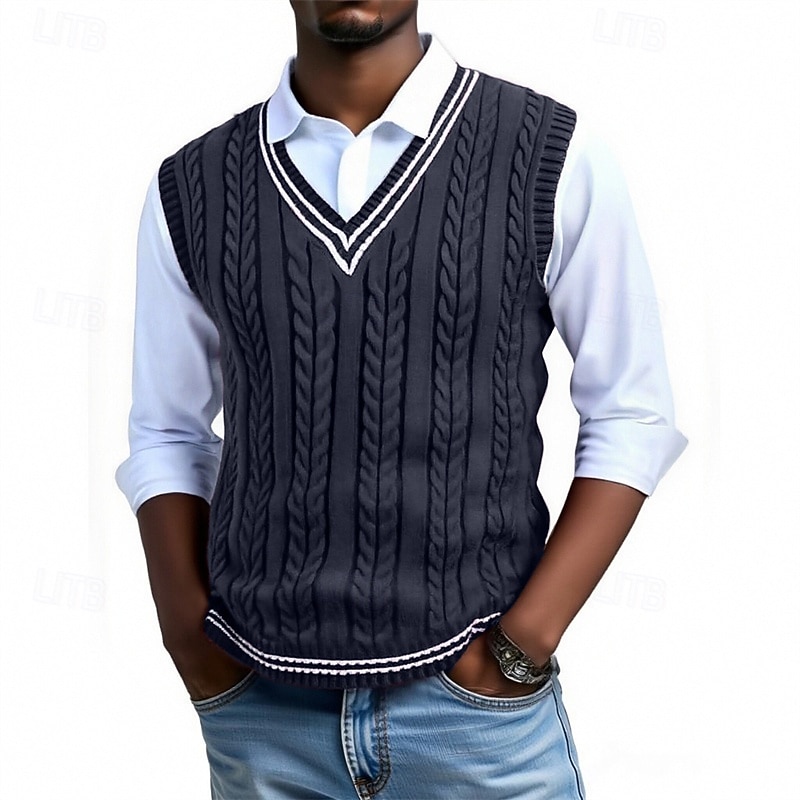 Per uomo Gilet Maglione elegante Maglione Maglione a maglia A Coste Maglia Top Regolari Lavorato a maglia A righe Scollo a V Moda Casual Vacanza Abbigliamento quotidiano Abbigliamento Senza maniche del 2026 a $26.99 –P2