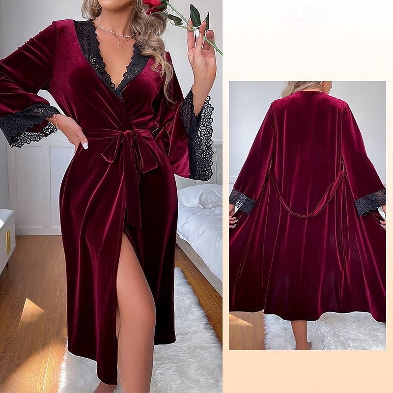 Damen Robe Lässig Komfort Einfarbig Schnürung Heim Täglich Langarm V Ausschnitt Blau Wein Grün Sommer Frühling Herbst Winter Normale Passform 2026 - $34.99 –P2