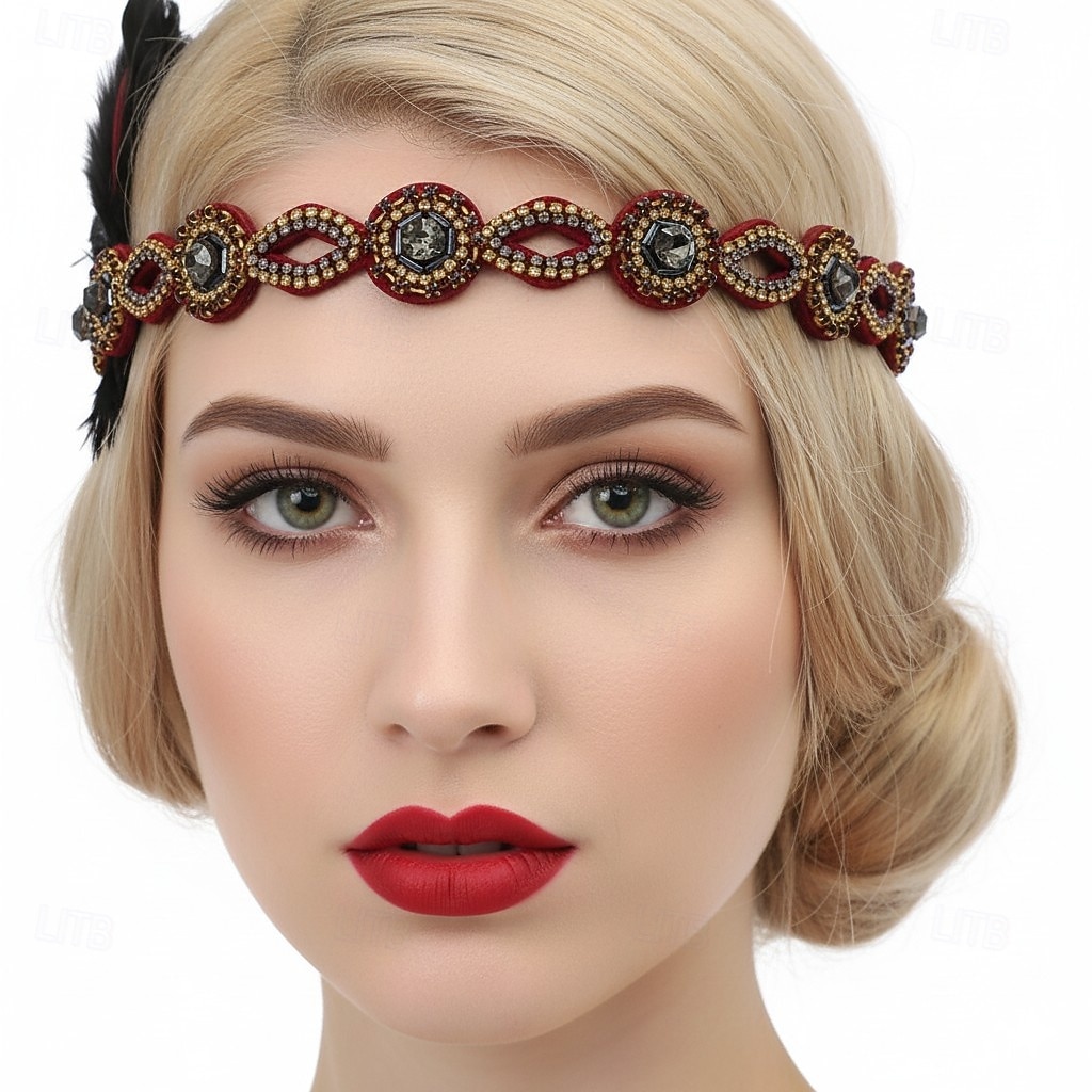 Retro / vintage De livlige 20-årene 1920-tallet Flapperpannebånd i 1920-stil Hodeplagg Hårtilbehør Den store Gatsby Fjær Kostyme Dame Jul Karneval Maskerade Retro-temafest Charleston-dans Voksen 2026 - $13.49 –P3