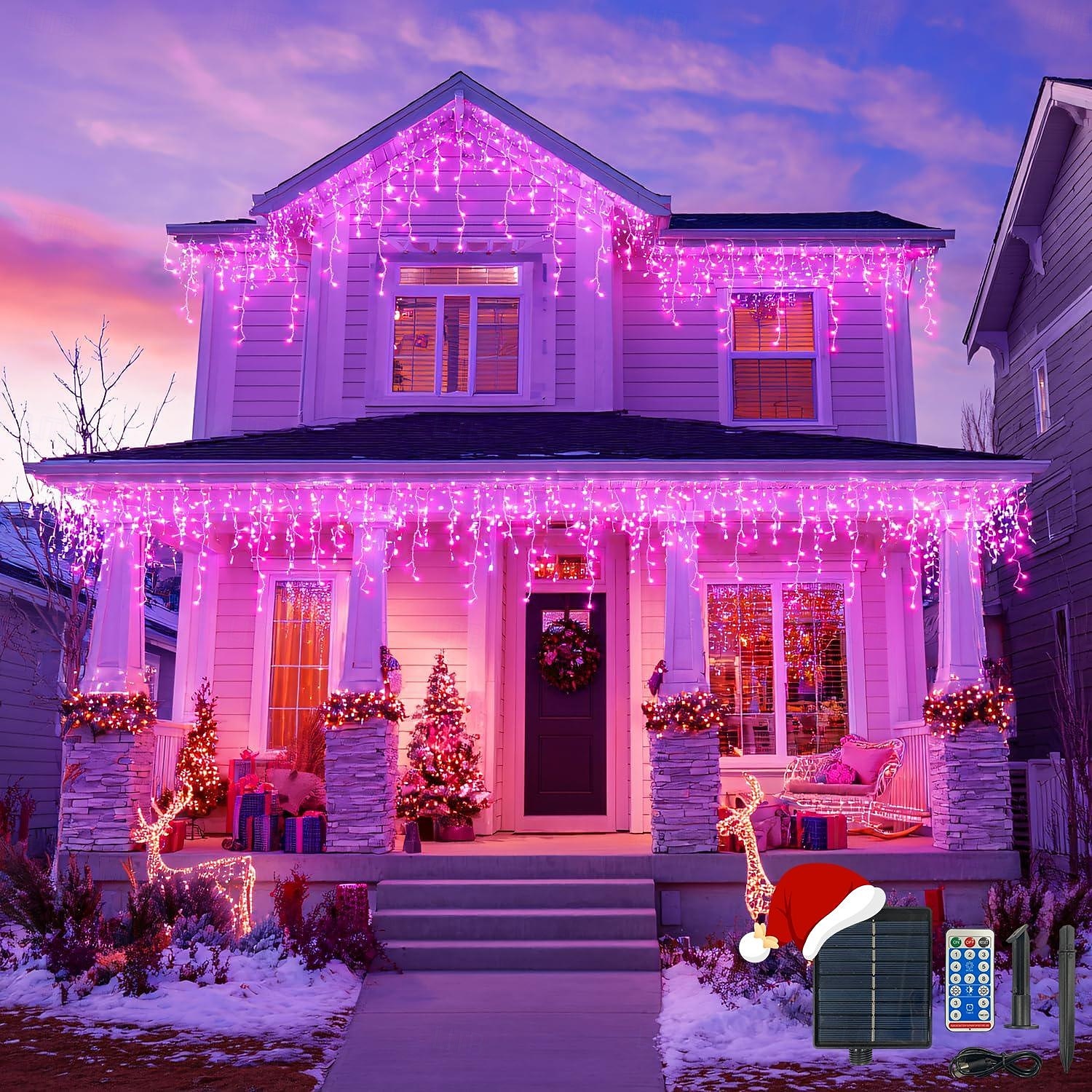 Solcellsdrivna vattentäta julispljus 10 meter 400 lysdioder 48 droppar 8-funktions timer fjärrkontroll genomskinlig tråd anslutningsbar ljusslinga innergård balkong träd veranda takfot dekorativa ljus 2025 - $31.99 –P9