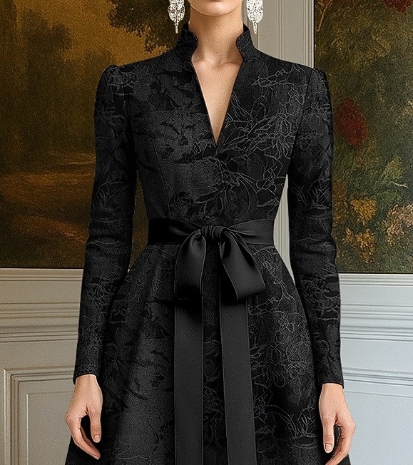 Linha A Até o Tornozelo Vestido de Derby Vestido Para Mãe dos Noivos Manga Longa Decote V Elegante Vintage Kentucky Derby Jacquard com Faixa / Fita Laço(s) de 2026 por $172.99 –P6