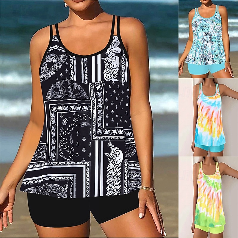 بدلة سباحة نسائية تانكيني قطعتين شورتات تحكم في البطن عالية الخصر نحيف بدون ظهر ملابس شاطئ إجازة مزينة بأنماط بيزلي برقبة على شكل حرف U بدون أكمام 2026 - $33.99 –P1