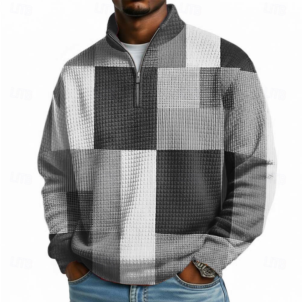 Men's Geometric Plaid Waffle Sweatshirt Fashion Daily Classic Casual Stand Collar Quarter Zip Outdoor Home Office Work Blue Orange Green Gray Zip Up Fall Winter Designer S M L XL XXL XXXL 2026 - $28.99 –P4