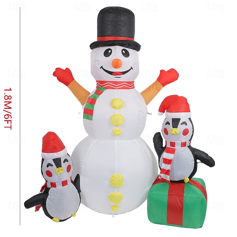 1,8 m/6 fot oppblåsbar julesnømann med pingviner, innebygde fargerike LED-lys, utendørsdekorasjoner - oppblåsbar snømann og 2 pingviner, dekor til hage, plen, veranda, julefester 2025 - $74.99 –P1