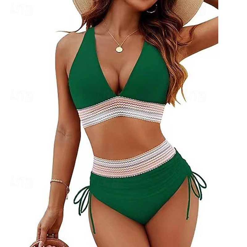 Dames Gerimpeld badpak Bikini-sets Zwemkleding Effen Zwemkleding Licht Blauw Zwart Ademend Mouwloos - Surfen Strand Zwemmen Zomer 2026 - $18.99 –P6