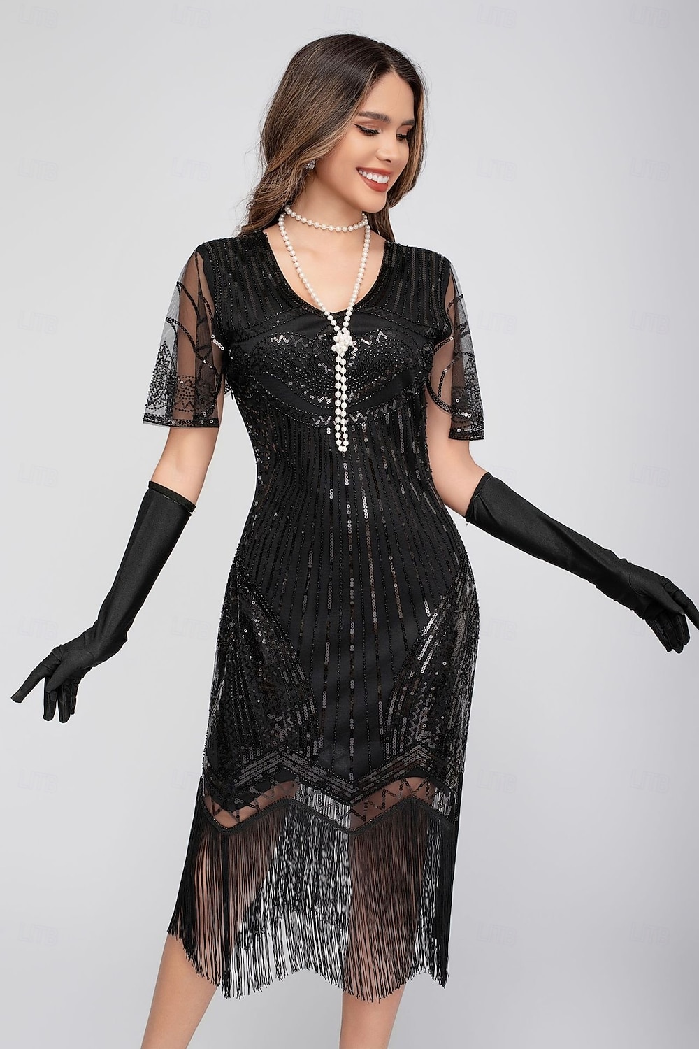 Goldene Zwanziger 1920er Knielang Flapper Kleid Kurze Ärmel Der große Gatsby Pailletten Fransen V Ausschnitt Kostüm Damen Weihnachten Karneval Flüsterkneipe Maskerade Retro-Mottoparty Erwachsene 2026 - $45.99 –P10