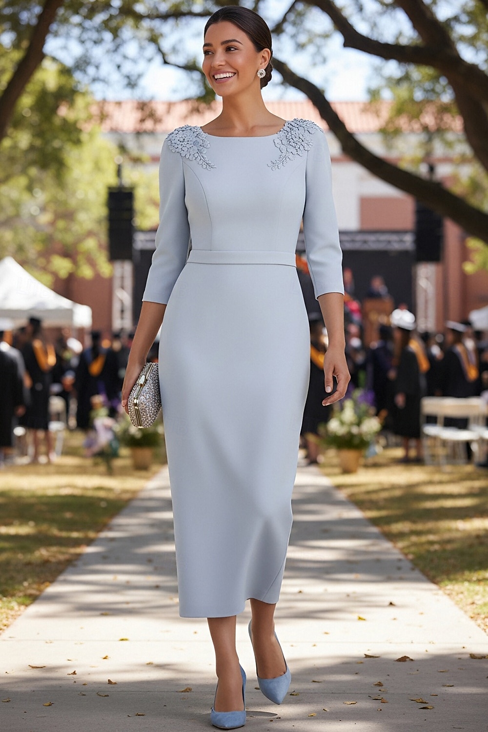 Åtsmitande Ankellång Festklänning Cocktail klänning Bröllopsgästklänning Klänning till brudens mor 3/4 ärm Rund hals Elegant Formell Stretch crepe med Applikationsbroderi Enfärgat 2026 - $153.99 –P2