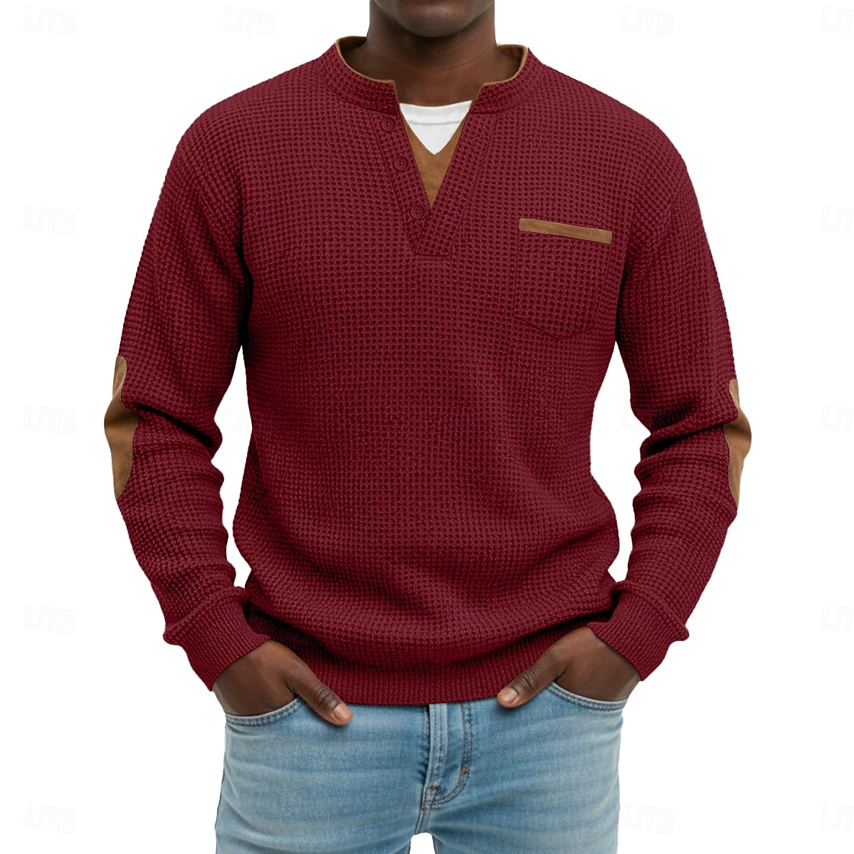 Herr Våffeltröja Waffle Henley Shirt Herrskjortor med armbågslappar Långärmad V-hals Henley Höst vinter Vår & Höst Ensfärgat Mode Grundläggande Ledigt falska två stycken Ledigt Gata Sport Grå Topp 2026 - $24.99 –P6